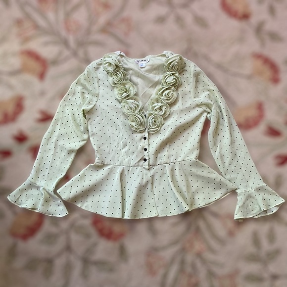 Vintage Isadora Collection Minty Polka Dot Peplum Blouse with Rosettes - Picture 3 of 3